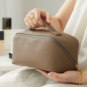 XL Neutral Beige PU Leather Cosmetic Bag | Travel Makeup Organizer